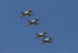 Four monoplane aircraft flying in close formation. The aircraft are painted grey and have been photographed from below.