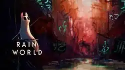 The slugcat atop a pole in a colorful environment