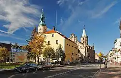 Town center with the town hall in the foreground and Saint Joseph church in the background