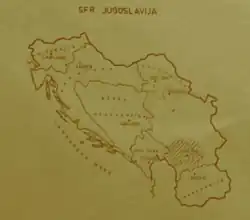 The territory of The District of Branković marked with diagonal lines within The Socialist Federal Republic of Yugoslavia (1946–1992)[8]