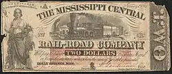 Two dollar note. Illustrated with a woman on the left and a train in the middle. Inscribed text reads "RECEIVABLE in payment of all dues to the Co. January 1st, 1862. THE MISSISSIPPI CENTRAL RAIL-ROAD COMPANY Will pay to bearer TWO DOLLARS in current, Bank or Confederate State notes, when the sum of Five dol is presented. HOLLY SPRINGS, MISS."