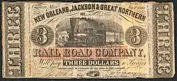 Currency note that says three on each side. On the tope it reads New Orleans, Jackson & Great Northern above an illustration of a train and the words "Railroad Company."