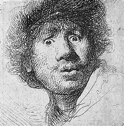 Etching and burin, c. 1630. Probably an exercise in capturing facial expressions for larger paintings.