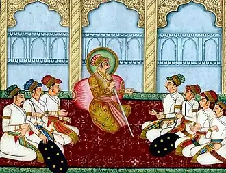 Representative painting of Raja Sagar with his ministers at Delwara.