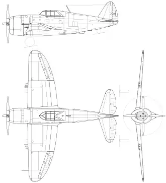 3-view line drawing of the Republic P-47B Thunderbolt