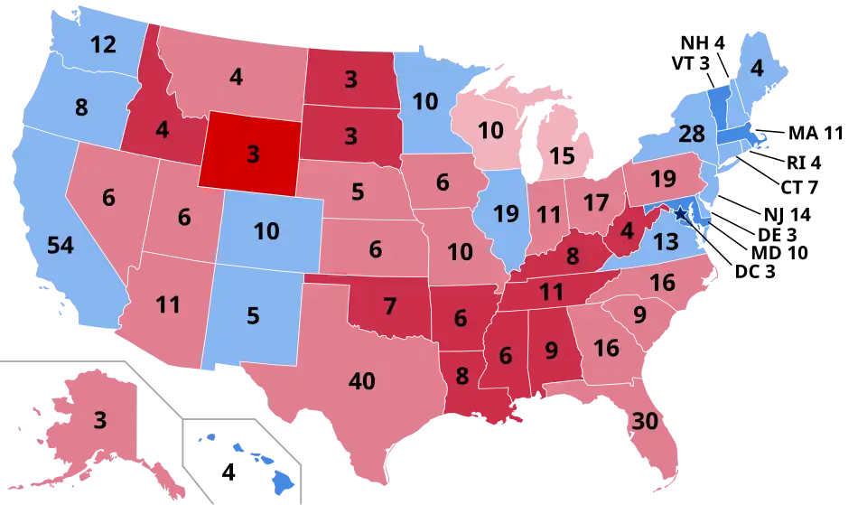 Results by vote share in each state. Darker shades denote a higher vote share for the winning candidate. This map does not depict the results in Maine or Nebraska's congressional districts, which vote by congressional district and not at-large.