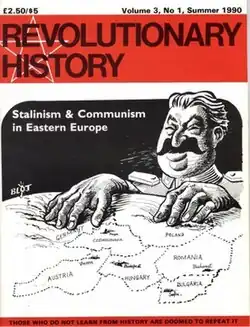 Cover of Revolutionary History journal showing a caricature of Stalin looming over a globe, with hands placed over Central and Eastern Europe