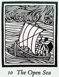 a man with black skin standing with a staff in the stern of a small sailing boat, which has eyes either side of the bows; he wears a cloak. Waves and sky swirl around and above. Beneath the illustration are the words "10 The Open Sea"