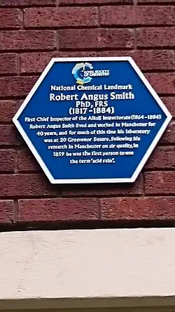 A Royal Society of Chemistry Blue plaque commemorating Smith in Grosvenor Square, the site of R. Angus Smith's laboratory