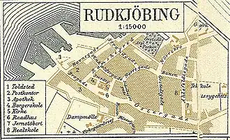 Map of Rudkøbing in 1900. Note the archaic spelling of the town's name.