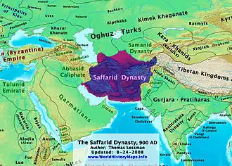 The Saffarid dynasty and its neighbors at its peak in 900 CE