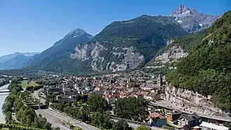 View of Saint-Maurice with the Dent du Salantin (left) and the Dents du Midi in the background