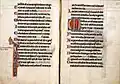 Leiden Saint Louis Psalter page 16 verso-17 recto. Left column latin Vulgate text: bile sanctum est et honor regis judicium diligit. / Tu parasti directiones; judicium et justi- / tiam in Jacob tu fecisti, Psalm 98.