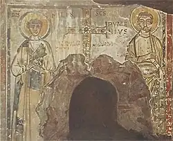 Frescoe in the Catacomb of Ponziano, Saints Milis and Pumenius, from the book Die Malereien der Katakomben Roms (Tafeln), ed. by Joseph Wilpert, plate 255