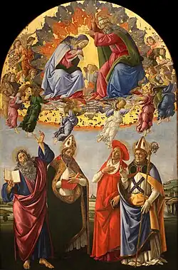 Altarpiece depicting the coronation of the Virgin Mary before the eyes of four figures