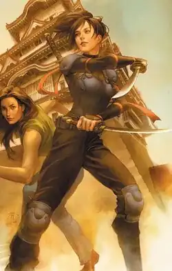 Satsu poses in an action stance while duel wielding two swords.