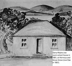 Sierra Madre, Ca one-room school house in 1881, at the corner of Hermosa and Grove Grove. Grove Grove was called Live Oak in 1881. Starting in 1882 on Sunday the school house was used by First Congregational Church of Sierra Madre founded by Mrs. Annetta M. Carter, wife of the city founder Nathaniel Coburn Carter. A pump organ played by W.S. Andrews and hymn books were take to the school each Sunday till the Church moved to the original 1887 Sierra Madre City Library on Central Ave in 1889, renamed Sierra Madre Blvd in 1936. Then the original 1895 Sierra Madre Town Hall at Baldwin and Central Ave, then to the second Sierra Madre School house, on the northwest corner Baldwin and Central, just north of Kersting Court and in 1896 to the Old North Church.