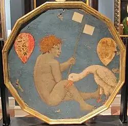 Verso of the last, with 2 coats of arms and a boy with a stork(?)