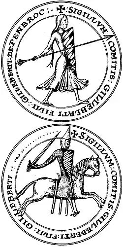 Two-sided seal of Gilbert de Clare, Earl of Pembroke. Proven use in 1146/48.[Ni 5] 17th-century drawing published in 1894.[17]