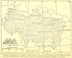 1918 map of Ukraine. Caption says following: "In the ruled area Ukrainian (Ruthenian) speech predominates…"