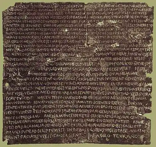 Bronze tablet found 1640 in Tiriolo, now at the Kunsthistorisches Museum, Vienna. Text shows the Senatus consultum de bacchanalibus, ca. 186 BC