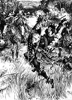 A black-and-white sketch depicting a southern African battle fought amidst long grass in a thick wood. The image focuses on two figures in the foreground: a white soldier on horseback (on the left) and a black warrior on foot (on the right). The white man has apparently just fired his rifle at the warrior, who is thrown back in his stride by the shot, his spear falling from his right hand. More soldiers and warriors can be seen in the background.