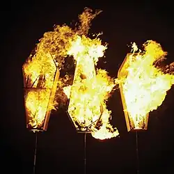 Three caskets in flames