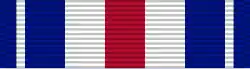 A horizontal blue bar ribbon charged with two thin white bars off of the left and right ends and three equal-width bars in the center (red in the center surrounded by white on either side)