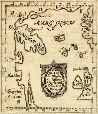 map with Vinland, Greenland, and other areas shown as a parts of a large continent bordering the western and northern edges of the Atlantic, full text at link
