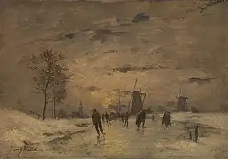 Skating in Holland, 1890–1900, signed "Jongkind" in the lower left hand corner, actually forged by an unknown painter.