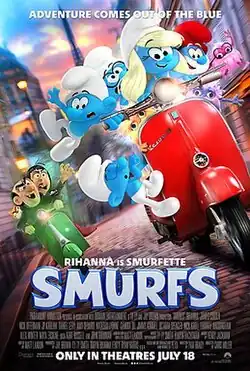 The Smurfs and the Snooterpoots driving away on a Vespa while Gargamel, Razamel and Azreal chase after them on another Vespa.