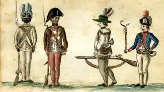 A scene of four uniformed soldiers of the Continental 1st Rhode Island Regiment. On the left, a black and a white soldier formally at "Attention" with Brown Bess muskets; on the right, a downcast white soldier walking back into formation with an officer barking at him holding a cat-o-nine tails for flogging.