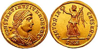 Gold coin of Constantine II depicting Victoria on the reverse