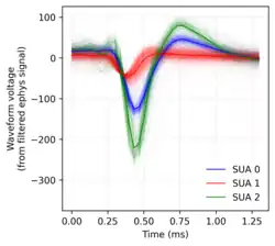 Spike shapes colored according to their assignment to different neurons (SUA). Data from macaque visual cortex