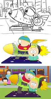 Montage showing the stages of an animation process: On top, a simple black and white sketch of a male child in a rocket kiddie-ride, while another young child stands next to the ride and reluctantly holds the rider's hand. In the middle, stock animation characters reflecting the sketch shown at top, sans background characters. At bottom, a screenshot of a fully animated frame showing the same event, complete with characters and arcade games in the background