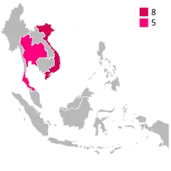 Map shows the number of country which won the tournament by using colour indicator (1985–present).