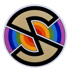 A stylised "S" on a background of concentric rings in the colours of the rainbow