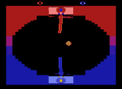 Animated footage of typical gameplay, showing two lightsabers deflecting laser blasts from a Seeker ball from an overhead perspective.