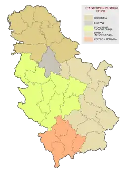 Map of municipalities and cities of Šumadija and Western Serbia
