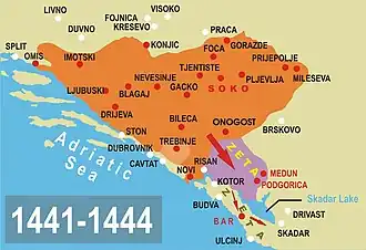 Location of Fortress Soko in 1444, within the Duchy of Saint Sava