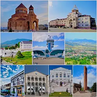 From top left: Holy Mother of God Cathedral Renaissance Square • Downtown Stepanakert Stepanakert Airport • Stepanakert skyline Park Hotel Artsakh  • We Are Our Mountains Artsakh University  • Stepanakert Memorial