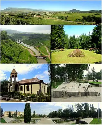 From top left: Panoramic view of Stepanavan Dzoraget River • Stepanavan Dendropark Surp Sarkis Church • Memorial to Sos Sargsyan Stepanavan central square