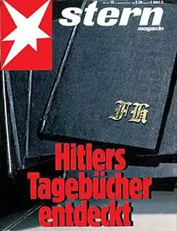 The front cover of Stern magazine. The image is of three black notebooks; on the top book are the gold letters FH in gothic script. The Stern logo—an irregular six-pointed white star on a red background is in the top left of the cover, next to the word "stern". At the bottom are the words in German "Hitlers Tagebücher endeckt" ("Hitler's diaries discovered").