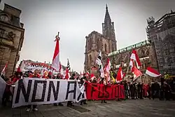 Protesters holding a banner saying "No to merger" (Non a la fusion) during a demonstration in November 2014 in Strasbourg, against the merger of Grand Est.