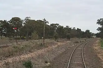 Junction between the lines to Cobram (left) and Tocumwal (right) looking south towards the station, 2007