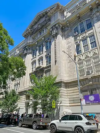 A view of the facade of the Old Stuyvesant Campus in 2021. The school name remains engraved in the pediment.