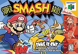 Image of various Nintendo characters fighting: Mario rushing at Pikachu, Fox punching Samus, Link holding his shield and Kirby waving at the player with a Bob-omb next to him.