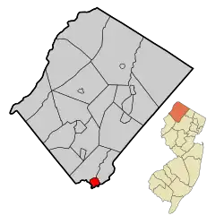 Map of Stanhope in Sussex County. Inset: Location of Sussex County highlighted in the State of New Jersey.