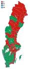 Votes by municipality. The municipalities are the color of the party that got the most votes within the coalition that won relative majority. Some municipalities have been split since 1976, so may be different to apparent results.