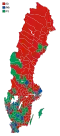 Votes by municipality. The municipalities are the color of the party that got the most votes within the coalition that won relative majority.